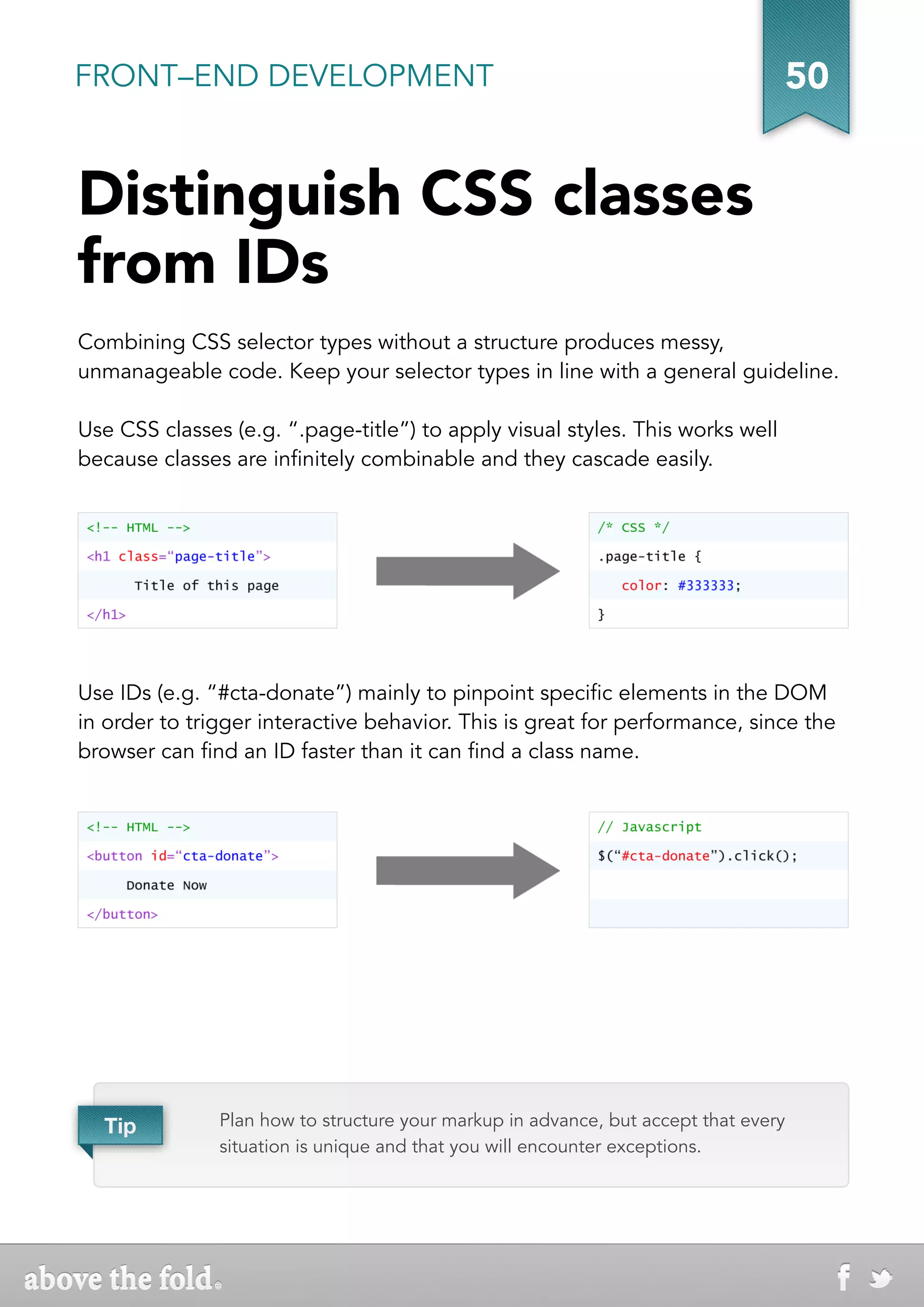 FRONT–END DEVELOPMENT                                                            50


Distinguish CSS classes
from IDs
Combining CSS selector types without a structure produces messy,
unmanageable code. Keep your selector types in line with a general guideline.

Use CSS classes (e.g. “.page-title”) to apply visual styles. This works well
because classes are infinitely combinable and they cascade easily.




Use IDs (e.g. “#cta-donate”) mainly to pinpoint specific elements in the DOM
in order to trigger interactive behavior. This is great for performance, since the
browser can find an ID faster than it can find a class name.




  Tip          Plan how to structure your markup in advance, but accept that every
               situation is unique and that you will encounter exceptions.
 