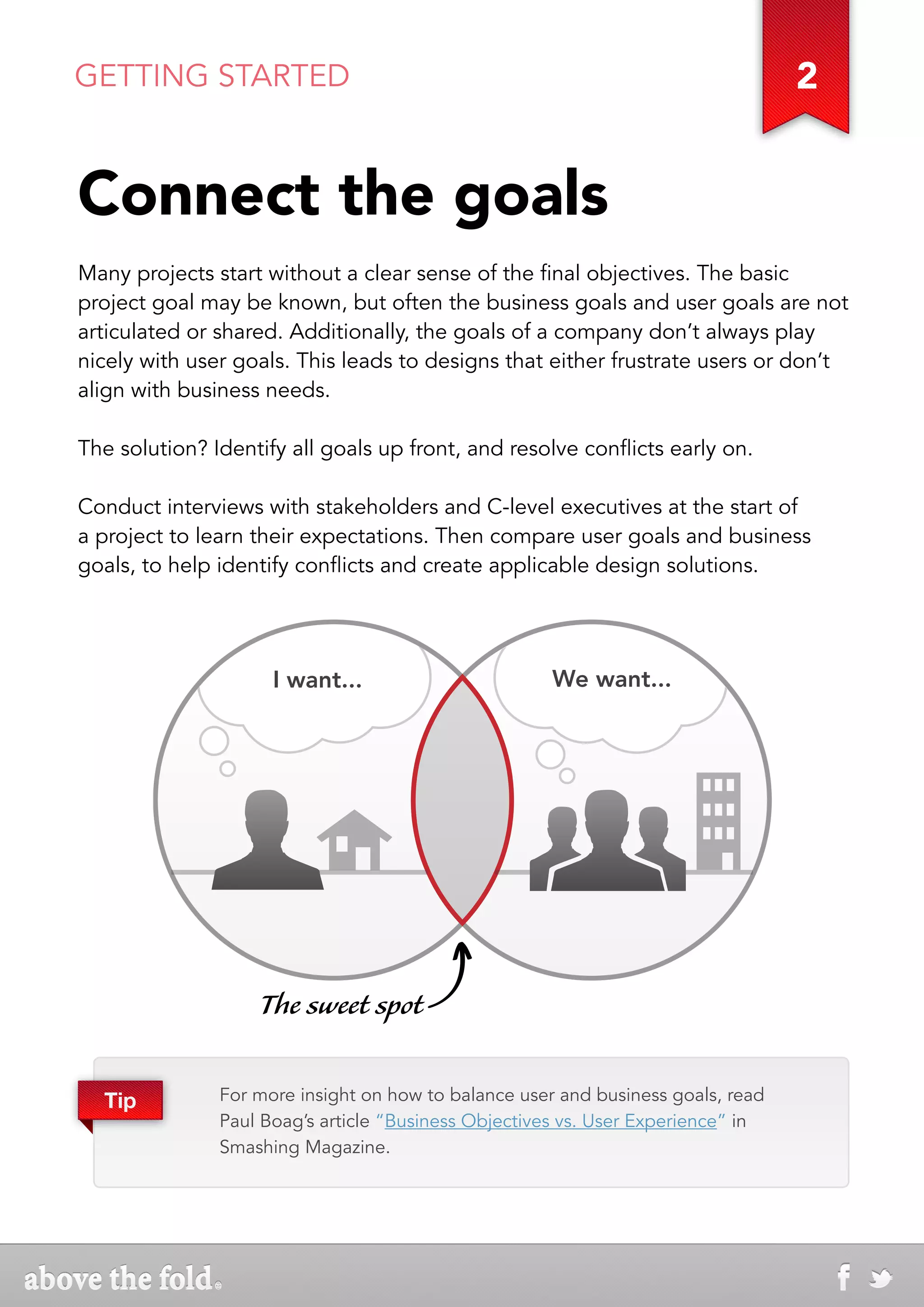 GETTING STARTED                                                                   2


Connect the goals
Many projects start without a clear sense of the final objectives. The basic
project goal may be known, but often the business goals and user goals are not
articulated or shared. Additionally, the goals of a company don’t always play
nicely with user goals. This leads to designs that either frustrate users or don’t
align with business needs.

The solution? Identify all goals up front, and resolve conflicts early on.

Conduct interviews with stakeholders and C-level executives at the start of
a project to learn their expectations. Then compare user goals and business
goals, to help identify conflicts and create applicable design solutions.




                     I want...                        We want...




                   The sweet spot

  Tip          For more insight on how to balance user and business goals, read
               Paul Boag’s article “Business Objectives vs. User Experience” in
               Smashing Magazine.
 