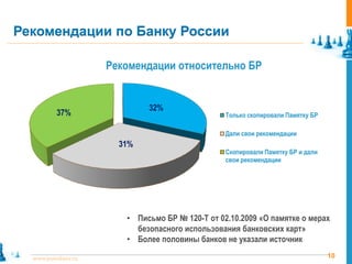 Рекомендации по Банку России

                     Рекомендации относительно БР


                             32%
          37%                                    Только скопировали Памятку БР

                                                 Дали свои рекомендации
                       31%
                                                 Скопировали Памятку БР и дали
                                                 свои рекомендации




                        • Письмо БР № 120-Т от 02.10.2009 «О памятке о мерах
                          безопасного использования банковских карт»
                        • Более половины банков не указали источник

  www.pointlane.ru                                                               10
 