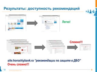Результаты: доступность рекомендаций


                                       Легко!




                                            Сложно!!!




 site:horoshiybank.ru “рекомендации по защите в ДБО”
 Очень сложно!!!
  www.pointlane.ru                                      8
 