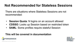 Not Recommended for Stateless Sessions
There are situations where Stateless Sessions are not
recommended:
• Session Quota: N logins on an account allowed
• CDSSO: Looks up Session based on restricted token
• SAML: Some profiles require stateful Session
This will be covered in documentation
Copyright © Identity Summit 2015, all rights reserved.
 
