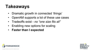 Takeaways
• Dramatic growth in connected ‘things’
• OpenAM supports a lot of these use cases
• Tradeoffs exist - no “one size fits all”
• Enabling new options for scaling
• Faster than I expected
Copyright © Identity Summit 2015, all rights reserved.
 