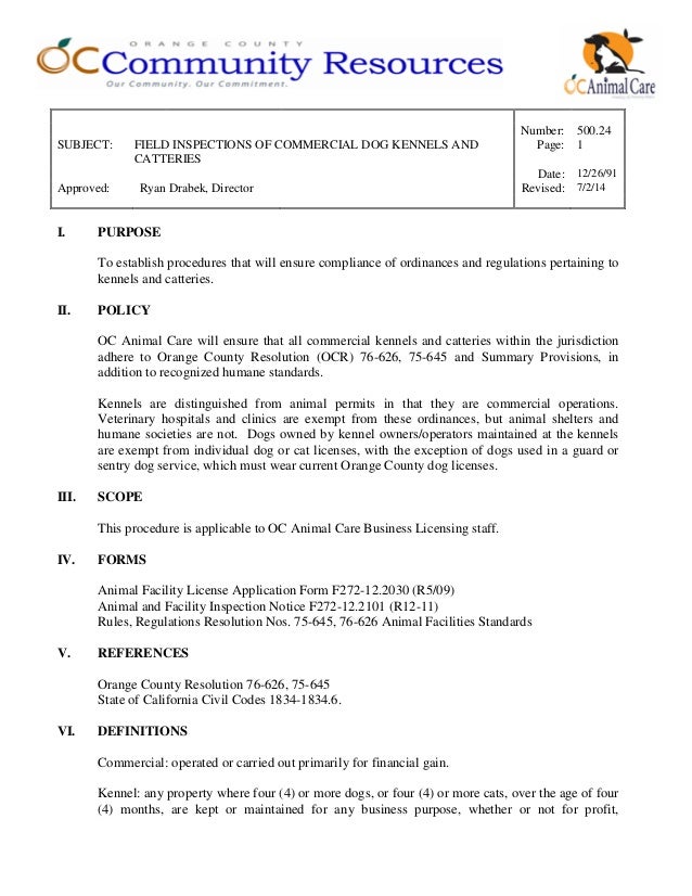500.24 field inspections of commercial dog kennels and catteries