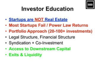 Investor Education
• Startups are NOT Real Estate
• Most Startups Fail / Power Law Returns
• Portfolio Approach (20-100+ i...