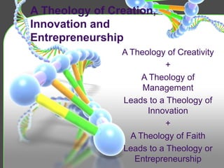 A Theology of Creation,
Innovation and
Entrepreneurship
A Theology of Creativity
+
A Theology of
Management
Leads to a Theology of
Innovation
+
A Theology of Faith
Leads to a Theology or
Entrepreneurship
 