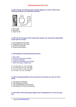 ISTQB Sample Papers [2010 -2011]
56 www.ajoysingha.info
Q. 286: Consider the following state transition diagram of a switch. Which of the
following represents an invalid state transition?
A. OFF to ON
B. ON to OFF
C. FAULT to ON
Q. 287: We use the output of the requirement analysis, the requirement specification
as the input for writing:
A. User Acceptance Test Cases
B. Integration Level Test Cases
C. Unit Level Test Cases
D. Program specifications
Q. 288: Regression testing should be performed:
i. Every week
ii. After the software has changed
iii. As often as possible
iv. When the environment has changed
v. When the project manager says
A. i & ii are true, iii, iv & v are false
B. ii, iii & iv are true, i & v are false
C. ii & iv are true, i, iii & v are false
D. ii is true, i, iii, iv & v are false
Q. 289: Evaluating testability of the requirements and system are a part of which
phase:-
A. Test Analysis and Design
B. Test Planning and control
C. Test Implementation and execution
D. Evaluating exit criteria and reporting
Q. 290: Which of the following has highest level of independence in which test cases
are:
 