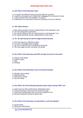 ISTQB Sample Papers [2010 -2011]
86 www.ajoysingha.info
Q. 449: Which of the following is false?
A. In a system two different failures may have different severities.
B. A system is necessarily more reliable after debugging for the removal of a fault.
C. A fault need not affect the reliability of a system.
D. Undetected errors may lead to faults and eventually to incorrect behavior.
Q. 450: Alpha testing is:
A. Post-release testing by end user representatives at the developer’s site.
B. The first testing that is performed.
C. Pre-release testing by end user representatives at the developer’s site.
D. Pre-release testing by end user representatives at their sites.
Q. 451: We split testing into distinct stages primarily because:
A. Each test stage has a different purpose.
B. It is easier to manage testing in stages.
C. We can run different tests in different environments.
D. The more stages we have, the better the testing.
Q. 452: Which of the following would NOT normally form part of a test plan?
A. Features to be tested
B. Incident reports
C. Risks
D. Schedule
Q. 453: Which of the following is a form of functional testing?
A. Boundary value analysis
B. Usability testing
C. Performance testing
D. Security testing
Q. 454: Which one of the following statements about system testing is NOT true?
A. System tests are often performed by independent teams.
B. Functional testing is used more than structural testing.
C. Faults found during system tests can be very expensive to fix.
D. End-users should be involved in system tests.
Q. 455: Which of the following is not described in a unit test standard?
A. Syntax testing
B. Equivalence partitioning
 