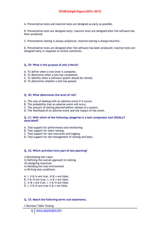 ISTQB Sample Papers [2010 -2011]
9 www.ajoysingha.info
A. Preventative tests and reactive tests are designed as early as possible.
B. Preventative tests are designed early; reactive tests are designed after the software has
been produced.
C. Preventative testing is always analytical; reactive testing is always heuristic.
D. Preventative tests are designed after the software has been produced; reactive tests are
designed early in response to review comments.
Q. 29: What is the purpose of exit criteria?
A. To define when a test level is complete.
B. To determine when a test has completed.
C. To identify when a software system should be retired.
D. To determine whether a test has passed.
Q. 30: What determines the level of risk?
A. The cost of dealing with an adverse event if it occurs.
B. The probability that an adverse event will occur.
C. The amount of testing planned before release of a system.
D. The likelihood of an adverse event and the impact of the event.
Q. 31: With which of the following categories is a test comparator tool USUALLY
associated?
A. Tool support for performance and monitoring.
B. Tool support for static testing.
C. Tool support for test execution and logging.
D. Tool support for the management of testing and tests.
Q. 32: Which activities form part of test planning?
i) Developing test cases.
ii) Defining the overall approach to testing.
iii) Assigning resources.
iv) Building the test environment
v) Writing test conditions.
A. i, ii & iv are true, iii & v are false.
B. ii & iii are true, i, iv & v are false.
C. iv & v are true, i, ii & iii are false.
D. i, ii & iii are true iv & v are false.
Q. 33: Match the following terms and statements.
1.Decision Table Testing
 