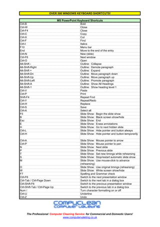 OVER 500 WINDOWS KEYBOARD SHORTCUTS!

                                MS PowerPoint Keyboard Shortcuts
Ctrl-B                                          Bold
Ctrl-W                                          Close
Ctrl-F4                                         Close
Ctrl-C                                          Copy
Ctrl-X                                          Cut
Ctrl-F                                          Find
Ctrl-I                                          Italics
F10                                             Menu bar
End                                             Move to the end of the entry
Ctrl-N                                          New (slide)
Ctrl-F6                                         Next window
Ctrl-O                                          Open
Alt-Shift -                                     Outline: Collapse
Alt-Shift-Right                                 Outline: Demote paragraph
Alt-Shift +                                     Outline: Expand
Alt-Shift-Dn                                    Outline: Move paragraph down
Alt-Shift-Up                                    Outline: Move paragraph up
Alt-Shift-Left                                  Outline: Promote paragraph
Alt-Shift-A                                     Outline: Show All Headings
Alt-Shift-1                                     Outline: Show heading level 1
Ctrl-V                                          Paste
Ctrl-P                                          Print
Shift-F4                                        Repeat Find
Ctrl-Y                                          Repeat/Redo
Ctrl-H                                          Replace
Ctrl-S                                          Save
Ctrl-A                                          Select all
F5                                              Slide Show: Begin the slide show
B                                               Slide Show: Black screen show/hide
Esc                                             Slide Show: End
E                                               Slide Show: Erase annotations
H                                               Slide Show: Go to next hidden slide
Ctrl-L                                          Slide Show: Hide pointer and button always
Ctrl-H                                          Slide Show: Hide pointer and button temporarily

Ctrl-A                                            Slide Show: Mouse pointer to arrow
Ctrl-P                                            Slide Show: Mouse pointer to pen
N                                                 Slide Show: Next slide
P                                                 Slide Show: Previous slide
T                                                 Slide Show: Set new timings while rehearsing
S                                                 Slide Show: Stop/restart automatic slide show
M                                                 Slide Show: Use mouse-click to advance
                                                  (rehearsing)
O                                                 Slide Show: Use original timings (rehearsing)
W                                                 Slide Show: White screen show/hide
F7                                                Spelling and Grammar check
Ctrl-F6                                           Switch to the next presentation window
Ctrl-Tab / Ctrl-Page Down                         Switch to the next tab in a dialog box
Ctrl-Shift-F6                                     Switch to the previous presentation window
Ctrl-Shift-Tab / Ctrl-Page Up                     Switch to the previous tab in a dialog box
Num /                                             Turn character formatting on or off
Ctrl-U                                            Underline
Ctrl-Z                                            Undo




      The Professional Computer Cleaning Service for Commercial and Domestic Users!
                                www.computervaleting.co.uk
 