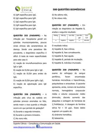 500 QUESTÕES BIOMÉDICAS
Suporte Ciência – Consultoria e Comunicação em Saúde
www.blogcomciencia.com; /suporteciencia
124
A) IgM específica para IgG.
B) IgG específica para IgM.
C) IgG específica para IgA.
D) IgM específica para IgA.
E) IgA específica para IgM.
QUESTÃO 355 (FADURPE) - Na
infecção por Toxoplasma gondii em
grávidas imunocompetentes, poucos
sinais clínicos são característicos da
doença. Sendo uma parasitose tão
prevalente, o diagnóstico específico é
difícil. O teste de maior especificidade
para este caso é:
A) reação de imunofluorescência para
IgG e IgM.
B) reação de ELISA para IgG e IgE.
C) reação de ELISA para avidez da
IgG.
D) reação de ELISA para IgM e IgG.
E) reação de aglutinação para IgE
específica.
QUESTÃO 356 (FADURPE) - A
infecção pelo vírus da rubéola em
grávidas provoca anomalias no feto,
sendo maior o risco quando a infecção
ocorre em que período de gestação?
A) Durante o segundo trimestre.
B) Durante o primeiro trimestre.
C) No nono mês.
D) No sétimo mês.
E) No oitavo mês.
QUESTÃO 357 (FADURPE) - Em
relação ao diagnóstico da Hepatite B,
analise o seguinte resultado:
O resultado indica:
A) hepatite B, fase crônica.
B) hepatite B, fase convalescente.
C) hepatite B, fase aguda.
D) hepatite B, período de incubação.
E) hepatite B, indivíduo imunizado.
QUESTÃO 358 (FADURPE) - No
exame do esfregaço do sangue
periférico, foram encontradas
hemácias microcíticas e hipocrômicas,
poiquilocitose e anisocitose. O paciente
apresenta, ainda, número de leucócitos
normais, hemoglobina corpuscular
média e volume corpuscular médio
diminuído; discreto aumento das
plaquetas e contagem de hemácias de
2,7milhões/µL. A dosagem de ferritina
sérica foi < 10 µg/L. Esses dados
sugerem um quadro de:
A) síndrome hemolítica.
B) talassemia.
 