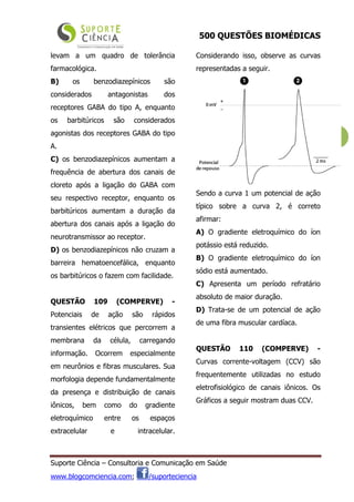 500 QUESTÕES BIOMÉDICAS
Suporte Ciência – Consultoria e Comunicação em Saúde
www.blogcomciencia.com; /suporteciencia
42
levam a um quadro de tolerância
farmacológica.
B) os benzodiazepínicos são
considerados antagonistas dos
receptores GABA do tipo A, enquanto
os barbitúricos são considerados
agonistas dos receptores GABA do tipo
A.
C) os benzodiazepínicos aumentam a
frequência de abertura dos canais de
cloreto após a ligação do GABA com
seu respectivo receptor, enquanto os
barbitúricos aumentam a duração da
abertura dos canais após a ligação do
neurotransmissor ao receptor.
D) os benzodiazepínicos não cruzam a
barreira hematoencefálica, enquanto
os barbitúricos o fazem com facilidade.
QUESTÃO 109 (COMPERVE) -
Potenciais de ação são rápidos
transientes elétricos que percorrem a
membrana da célula, carregando
informação. Ocorrem especialmente
em neurônios e fibras musculares. Sua
morfologia depende fundamentalmente
da presença e distribuição de canais
iônicos, bem como do gradiente
eletroquímico entre os espaços
extracelular e intracelular.
Considerando isso, observe as curvas
representadas a seguir.
Sendo a curva 1 um potencial de ação
típico sobre a curva 2, é correto
afirmar:
A) O gradiente eletroquímico do íon
potássio está reduzido.
B) O gradiente eletroquímico do íon
sódio está aumentado.
C) Apresenta um período refratário
absoluto de maior duração.
D) Trata-se de um potencial de ação
de uma fibra muscular cardíaca.
QUESTÃO 110 (COMPERVE) -
Curvas corrente-voltagem (CCV) são
frequentemente utilizadas no estudo
eletrofisiológico de canais iônicos. Os
Gráficos a seguir mostram duas CCV.
 