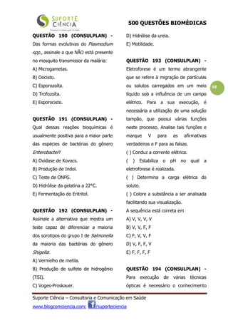 500 QUESTÕES BIOMÉDICAS
Suporte Ciência – Consultoria e Comunicação em Saúde
www.blogcomciencia.com; /suporteciencia
68
QUESTÃO 190 (CONSULPLAN) -
Das formas evolutivas do Plasmodium
spp., assinale a que NÃO está presente
no mosquito transmissor da malária:
A) Microgametas.
B) Oocisto.
C) Esporozoíta.
D) Trofozoíta.
E) Esporocisto.
QUESTÃO 191 (CONSULPLAN) -
Qual dessas reações bioquímicas é
usualmente positiva para a maior parte
das espécies de bactérias do gênero
Enterobacter?
A) Oxidase de Kovacs.
B) Produção de Indol.
C) Teste de ONPG.
D) Hidrólise da gelatina a 22°C.
E) Fermentação do Eritritol.
QUESTÃO 192 (CONSULPLAN) -
Assinale a alternativa que mostra um
teste capaz de diferenciar a maioria
dos sorotipos do grupo I de Salmonella
da maioria das bactérias do gênero
Shigella:
A) Vermelho de metila.
B) Produção de sulfeto de hidrogênio
(TSI).
C) Voges-Proskauer.
D) Hidrólise da ureia.
E) Motilidade.
QUESTÃO 193 (CONSULPLAN) -
Eletroforese é um termo abrangente
que se refere à migração de partículas
ou solutos carregados em um meio
líquido sob a influência de um campo
elétrico. Para a sua execução, é
necessária a utilização de uma solução
tampão, que possui várias funções
neste processo. Analise tais funções e
marque V para as afirmativas
verdadeiras e F para as falsas.
( ) Conduz a corrente elétrica.
( ) Estabiliza o pH no qual a
eletroforese é realizada.
( ) Determina a carga elétrica do
soluto.
( ) Colore a substância a ser analisada
facilitando sua visualização.
A sequência está correta em
A) V, V, V, V
B) V, V, F, F
C) F, V, V, F
D) V, F, F, V
E) F, F, F, F
QUESTÃO 194 (CONSULPLAN) -
Para execução de várias técnicas
ópticas é necessário o conhecimento
 