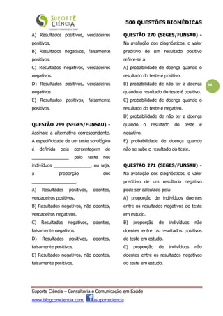 500 QUESTÕES BIOMÉDICAS
Suporte Ciência – Consultoria e Comunicação em Saúde
www.blogcomciencia.com; /suporteciencia
94
A) Resultados positivos, verdadeiros
positivos.
B) Resultados negativos, falsamente
positivos.
C) Resultados negativos, verdadeiros
negativos.
D) Resultados positivos, verdadeiros
negativos.
E) Resultados positivos, falsamente
positivos.
QUESTÃO 269 (SEGES/FUNSAU) -
Assinale a alternativa correspondente.
A especificidade de um teste sorológico
é definida pela porcentagem de
_______________ pelo teste nos
indivíduos _______________, ou seja,
a proporção dos
__________________.
A) Resultados positivos, doentes,
verdadeiros positivos.
B) Resultados negativos, não doentes,
verdadeiros negativos.
C) Resultados negativos, doentes,
falsamente negativos.
D) Resultados positivos, doentes,
falsamente positivos.
E) Resultados negativos, não doentes,
falsamente positivos.
QUESTÃO 270 (SEGES/FUNSAU) -
Na avaliação dos diagnósticos, o valor
preditivo de um resultado positivo
refere-se a:
A) probabilidade de doença quando o
resultado do teste é positivo.
B) probabilidade de não ter a doença
quando o resultado do teste é positivo.
C) probabilidade de doença quando o
resultado do teste é negativo.
D) probabilidade de não ter a doença
quando o resultado do teste é
negativo.
E) probabilidade de doença quando
não se sabe o resultado do teste.
QUESTÃO 271 (SEGES/FUNSAU) -
Na avaliação dos diagnósticos, o valor
preditivo de um resultado negativo
pode ser calculado pela:
A) proporção de indivíduos doentes
entre os resultados negativos do teste
em estudo.
B) proporção de indivíduos não
doentes entre os resultados positivos
do teste em estudo.
C) proporção de indivíduos não
doentes entre os resultados negativos
do teste em estudo.
 