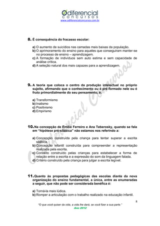 www.odiferencialconcursos.com.br
8
“O que você quiser da vida, a vida lhe dará, se você fizer a sua parte.”
Ano 2012
8. É consequência do fracasso escolar:
a) O aumento de suicídios nas camadas mais baixas da população.
b) O aprimoramento do ensino para aqueles que conseguiram manter-se
no processo de ensino – aprendizagem.
c) A formação de indivíduos sem auto estima e sem capacidade de
análise crítica.
d) A seleção natural dos mais capazes para a aprendizagem.
9. A teoria que coloca o centro da produção intelectual no próprio
sujeito, afirmando que o conhecimento ou é pré-formado nele ou é
fruto primordialmente do seu pensamento, é:
a) Transformismo
b) Inatismo
c) Positivismo
d) Empirismo
10.Na concepção de Emília Ferreiro e Ana Teberosky, quando se fala
em “hipótese pré-silábica” não estamos nos referindo a:
a) Concepção construída pela criança para tentar superar a escrita
silábica.
b) Concepção infantil construída para compreender a representação
realizada pela escrita.
c) Conceito construído pelas crianças para estabelecer a forma de
relação entre a escrita e a expressão do som da linguagem falada.
d) Critério construído pela criança para julgar a escrita legível.
11.Quanto às propostas pedagógicas das escolas diante da nova
organização do ensino fundamental, a única, entre as enumeradas
a seguir, que não pode ser considerada benéfica é:
a) Torná-la mais lúdica.
b) Romper a articulação com o trabalho realizado na educação infantil.
 