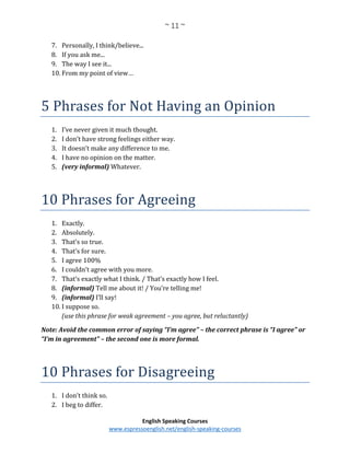 ~ 11 ~
English Speaking Courses
www.espressoenglish.net/english-speaking-courses
7. Personally, I think/believe...
8. If you ask me...
9. The way I see it...
10. From my point of view…
5 Phrases for Not Having an Opinion
1. I’ve never given it much thought.
2. I don’t have strong feelings either way.
3. It doesn’t make any difference to me.
4. I have no opinion on the matter.
5. (very informal) Whatever.
10 Phrases for Agreeing
1. Exactly.
2. Absolutely.
3. That’s so true.
4. That’s for sure.
5. I agree 100%
6. I couldn’t agree with you more.
7. That’s exactly what I think. / That’s exactly how I feel.
8. (informal) Tell me about it! / You’re telling me!
9. (informal) I’ll say!
10. I suppose so.
(use this phrase for weak agreement – you agree, but reluctantly)
Note: Avoid the common error of saying “I’m agree” – the correct phrase is “I agree” or
“I’m in agreement” – the second one is more formal.
10 Phrases for Disagreeing
1. I don’t think so.
2. I beg to differ.
 