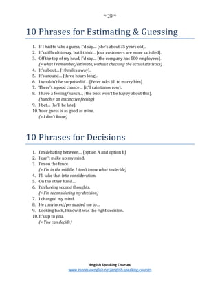 ~ 29 ~
English Speaking Courses
www.espressoenglish.net/english-speaking-courses
10 Phrases for Estimating & Guessing
1. If I had to take a guess, I’d say… [she’s about 35 years old].
2. It’s difficult to say, but I think… [our customers are more satisfied].
3. Off the top of my head, I’d say… [the company has 500 employees].
(= what I remember/estimate, without checking the actual statistics)
4. It’s about… [10 miles away].
5. It’s around… [three hours long].
6. I wouldn’t be surprised if… [Peter asks Jill to marry him].
7. There’s a good chance… [it’ll rain tomorrow].
8. I have a feeling/hunch… [the boss won’t be happy about this].
(hunch = an instinctive feeling)
9. I bet… [he’ll be late].
10. Your guess is as good as mine.
(= I don’t know)
10 Phrases for Decisions
1. I’m debating between… [option A and option B]
2. I can’t make up my mind.
3. I’m on the fence.
(= I’m in the middle, I don’t know what to decide)
4. I’ll take that into consideration.
5. On the other hand…
6. I’m having second thoughts.
(= I’m reconsidering my decision)
7. I changed my mind.
8. He convinced/persuaded me to…
9. Looking back, I know it was the right decision.
10. It’s up to you.
(= You can decide)
 