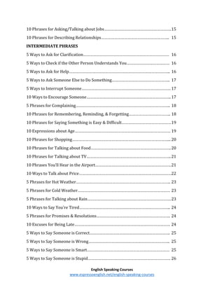 English Speaking Courses
www.espressoenglish.net/english-speaking-courses
10 Phrases for Asking/Talking about Jobs…………………………………………………….15
10 Phrases for Describing Relationships…………………………………………………….. 15
INTERMEDIATE PHRASES
5 Ways to Ask for Clarification…………………………………………………………………… 16
5 Ways to Check if the Other Person Understands You………………………………… 16
5 Ways to Ask for Help……………………………………………………………………………….. 16
5 Ways to Ask Someone Else to Do Something…………………………………………….. 17
5 Ways to Interrupt Someone……………………………………………………………………… 17
10 Ways to Encourage Someone…………………………………………………………………..17
5 Phrases for Complaining………………………………………………………………………….. 18
10 Phrases for Remembering, Reminding, & Forgetting……………………………….. 18
10 Phrases for Saying Something is Easy & Difficult………………………………………19
10 Expressions about Age…………………………………………………………………………… 19
10 Phrases for Shopping……………………………………………………………………………... 20
10 Phrases for Talking about Food……………………………………………………………….20
10 Phrases for Talking about TV…………………………………………………………………..21
10 Phrases You'll Hear in the Airport……………………………………………………………21
10 Ways to Talk about Price…………………………………………………………………………22
5 Phrases for Hot Weather………………………………………………………………………….. 23
5 Phrases for Cold Weather………………………………………………………………………… 23
5 Phrases for Talking about Rain………………………………………………………………….23
10 Ways to Say You're Tired……………………………………………………………………….. 24
5 Phrases for Promises & Resolutions…………………………………………………………. 24
10 Excuses for Being Late…………………………………………………………………………… 24
5 Ways to Say Someone is Correct………………………………………………………………. 25
5 Ways to Say Someone is Wrong……………………………………………………………….. 25
5 Ways to Say Someone is Smart………………………………………………………………… 25
5 Ways to Say Someone is Stupid………………………………………………………………… 26
 
