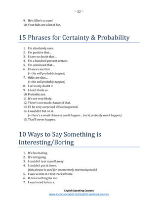 ~ 32 ~
English Speaking Courses
www.espressoenglish.net/english-speaking-courses
9. He’s/She’s so cute!
10. Your kids are a lot of fun.
15 Phrases for Certainty & Probability
1. I’m absolutely sure.
2. I’m positive that…
3. I have no doubt that…
4. I’m a hundred percent certain.
5. I’m convinced that…
6. Chances are that…
(= this will probably happen)
7. Odds are that…
(= this will probably happen)
8. I seriously doubt it.
9. I don’t think so.
10. Probably not.
11. It’s not very likely.
12. There’s not much chance of that.
13. I’d be very surprised if that happened.
14. I wouldn’t bet on it.
(= there’s a small chance it could happen… but it probably won’t happen)
15. That’ll never happen.
10 Ways to Say Something is
Interesting/Boring
1. It’s fascinating.
2. It’s intriguing.
3. I couldn’t tear myself away.
4. I couldn’t put it down.
(this phrase is used for en extremely interesting book)
5. I was so into it, I lost track of time.
6. It does nothing for me.
7. I was bored to tears.
 