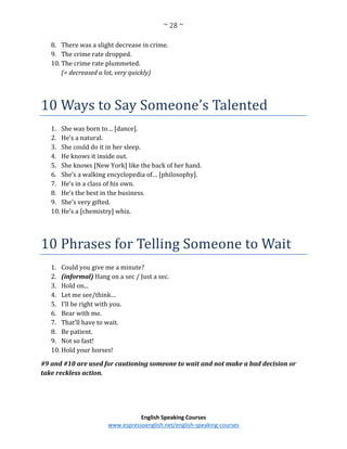 ~ 28 ~
English Speaking Courses
www.espressoenglish.net/english-speaking-courses
8. There was a slight decrease in crime.
9. The crime rate dropped.
10. The crime rate plummeted.
(= decreased a lot, very quickly)
10 Ways to Say Someone’s Talented
1. She was born to… [dance].
2. He’s a natural.
3. She could do it in her sleep.
4. He knows it inside out.
5. She knows [New York] like the back of her hand.
6. She’s a walking encyclopedia of… [philosophy].
7. He’s in a class of his own.
8. He’s the best in the business.
9. She’s very gifted.
10. He’s a [chemistry] whiz.
10 Phrases for Telling Someone to Wait
1. Could you give me a minute?
2. (informal) Hang on a sec / Just a sec.
3. Hold on...
4. Let me see/think…
5. I'll be right with you.
6. Bear with me.
7. That’ll have to wait.
8. Be patient.
9. Not so fast!
10. Hold your horses!
#9 and #10 are used for cautioning someone to wait and not make a bad decision or
take reckless action.
 