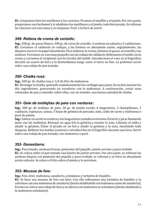 El.: Limpiamos bien los mejillones y los cocemos. Picamos el mejillón y el jamón. Por otra parte,
preparamos una bechamel y le añadimos los mejillones y el jamón, todo bien picado. Se rellenan
las cáscaras con esta masa y se empanan. Freír a la hora de servir.


349- Rellena de crema de centollo:
Ing.: 200 gr. de queso blanco, 100 gr. de carne de centollo, 2 anchoas en salazón y 3 calabacines.
El.: Cortamos el calabacín en rodajas, y las freímos en abundante aceite; seguidamente, las
dejamos escurrir en papel absorbente. Para elaborar la crema, batimos el queso, el centollo y las
anchoas. Forramos un vaso muy pequeño con las rodajas de calabacín. Rellenamos el molde con la
crema y cerramos el recipiente con los bordes del molde. Introducimos el vaso en el frigorífico
durante un cuarto de hora y la desmoldamos luego como si fuera un flan. Lo podemos servir
sobre una rodaja de pan tostado.


350- Chatka rusa:
Ing.: 200 gr. de chatka rusa y 1/4 de litro de mahonesa.
El.: Desmigar la chatka, quitando cuidadosamente los cartílagos que posee. En un bol, mezclar los
dos ingredientes, procurando no excederse con la mahonesa. A continuación, cortar unas
rebanadas de pan y extender sobre ellas, con un tenedor, una buena cantidad de chatka.


351- Gele de mollejitas de pato con verduras:
Ing.: 200 gr. de mollejas de pato, 50 gr. de jamón cocido, 6 langostinos, 3 champiñones, 1
calabacín, espinacas, vainas, 3 hojas de gelatina de pescado, nata, caldo de carne y mahonesa o
puré de patata.
Ing.: Saltear en aceite la verdura y los langostinos cortados en trocitos. Escurrir y picar finamente
junto con las mollejitas. Remojar en agua fría la gelatina y montar la nata. Calentar el caldo y
añadir la gelatina. Echar el picado en un bol y añadir la gelatina y la nata, mezclando todo
despacio. Rellenar los moldes (vasitos) e introducirlos en el frigorífico durante una hora. Servir
sobre una rodaja de pan tostado, con mahonesa o puré.


352- Donostiarra:
Ing.: Pan tostado, anchoas frescas, pimientos del piquillo, jamón serrano y pavo trufado.
El.: Se coloca sobre el pan tostado una loncha de jamón serrano. Por otra parte, se rellenan las
anchoas limpias con pimiento del piquillo y pavo trufado, se rebozan y se fríen en abundante
aceite caliente. Se coloca el frito sobre el jamón y lo servimos.


353- Mousse de foie:
Ing.: Foie, kiwi, mahonesa, zanahoria, arándanos y tartaleta de hojaldre.
El.: Se hace una mousse de foie con kiwi. Con ella rellenamos una tartaleta de hojaldre y la
cubrimos con una mahonesa de zanahoria (hecha añadiéndole a la mahonesa zumo de zanahoria).
Encima se coloca una rodaja de kiwi y se adorna con mahonesa se arándanos (hecha añadiendo a
la mahonesa arándanos).



                                                                                                 54
 