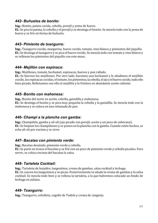 442- Buñuelos de bonito:
Ing.: Bonito, patata cocida, cebolla, perejil y yema de huevo.
El.: Se pica la patata, la cebolla y el perejil y se desmiga el bonito. Se mezcla todo con la yema de
huevo y se fríe en forma de buñuelo.


443- Pimiento de txangurro:
Ing.: Txangurro cocido, margarina, huevo cocido, tomate, vino blanco y pimientos del piquillo.
El.: Se desmiga el txangurro y se pica el huevo cocido. Se mezcla todo con tomate y vino blanco y
se rellenan los pimientos del piquillo con este masa.


444- Mejillón con espinaca:
Ing.: Mejillones, tomate, bechamel, espinacas, huevos y pan rallado.
El.: Se hierven los mejillones. Por otro lado, hacemos una bechamel y le añadimos el mejillón
cocido, las espinacas cocidas, el tomate, los pimientos, la cebolla, el ajo y el huevo cocido, todo ello
bien picado. Rellenamos con ello el mejillón y lo freímos en abundante aceite caliente.


445- Bonito con mahonesa:
Ing.: Bonito del norte en aceite, cebolla, guindilla y mahonesa.
El.: Se desmiga el bonito y se pica muy pequeña la cebolla y la guindilla. Se mezcla todo con la
mahonesa y se coloca en una rebanada de pan.


446- Champi a la plancha con gamba:
Ing.: Champiñón, gamba y ali-oli (ajo picado con perejil, aceite y un poco de soberano).
El.: Se limpian los champiñones y se ponen en la plancha con la gamba. Cuando estén hechos, se
echa ali-oli por encima y se sirve.


447- Bacalao con pimiento verde:
Ing.: Bacalao desalado, pimiento verde y cebolla.
El.: Se parte en trozos el bacalao y se fríe con un poco de pimiento verde y cebolla picados. Para
servir, se coloca encima del bacalao la salsa.


448- Tartaleta Cocktail:
Ing,: Tartaleta de hojaldre, langostinos, crema de gambas, salsa cocktail y lechuga.
El.: Se cuecen los langostinos y se pican. Posteriormente se añade la crema de gambas y la salsa
cocktail. Se mezcla todo bien y se rellena la tartaleta, a la que habremos colocado un fondo de
lechuga en juliana.


449- Txangurro:
Ing.: Txangurro, cebolleta, cogollo de Tudela y crema de cangrejo.


                                                                                                    68
 