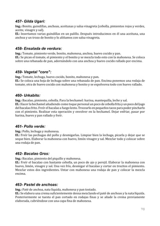 457- Gilda Ugari:
Ing.: Bonito, guindillas, anchoas, aceitunas y salsa vinagreta (cebolla, pimientos rojos y verdes,
aceite, vinagre y sal).
El.: Insertamos varias guindillas en un palillo. Después introducimos en él una aceituna, una
anchoa y un trozo de bonito y lo aliñamos con salsa vinagreta.


458- Ensalada de verdura:
Ing.: Tomate, pimiento verde, bonito, mahonesa, anchoa, huevo cocido y pan.
El.: Se pican el tomate, el pimiento y el bonito y se mezcla todo esto con la mahonesa. Se coloca
sobre una rebanada de pan, adornándolo con una anchoa y huevo cocido rallado por encima.


459- Vegetal "coro":
Ing.: Tomate, lechuga, huevo cocido, bonito, mahonesa y pan.
El.: Se coloca una hoja de lechuga sobre una rebanada de pan. Encima ponemos una rodaja de
tomate, otra de huevo cocido con mahonesa y bonito y se espolvorea todo con huevo rallado.


460- Urkabito:
Ing.: Bacalao, pimiento, cebolla. Para la bechamel: harina, mantequilla, leche y sal.
El.: Hacer la bechamel añadiendo como toque personal un poco de cebolla frita y un poco del jugo
del bacalao frito. Freír el bacalao a fuego lento. Trocearlo en pequeños tacos para poder pincharlo
con el pimiento. Realizar esta operación y envolver en la bechamel. Dejar enfriar, pasar por
harina, huevo y pan rallado y freír.


461- Pollo verde:
Ing.: Pollo, lechuga y mahonesa.
El.: Freír las pechugas del pollo y desmigarlas. Limpiar bien la lechuga, picarla y dejar que se
seque bien. Elaborar la mahonesa con huevo, limón vinagre y sal. Mezclar todo y colocar sobre
una rodaja de pan.


462- Bacalao Gros:
Ing.: Bacalao, pimiento del piquillo y mahonesa.
El.: Freír el bacalao con bastante cebolla, un poco de ajo y perejil. Elaborar la mahonesa con
huevo, limón, vinagre y sal. Una vez frío, desmigar el bacalao y cortar en trocitos el pimiento.
Mezclar estos dos ingredientes. Untar con mahonesa una rodaja de pan y colocar la mezcla
encima.


463- Pastel de anchoas:
Ing.: Paté de anchoa, nata líquida, mahonesa y pan tostado.
El.: Se elabora una crema suficientemente densa mezclando el paté de anchoas y la nata líquida.
Posteriormente se tuesta el pan cortado en rodajas finas y se añade la crema previamente
elaborada, cubriéndose con una capa fina de mahonesa.

                                                                                                70
 