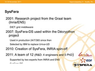 SysFera 2001: Research project from the Graal team (Inria/ENS) DIET: grid middleware 2007: SysFera-DS used within the Décrypthon project Used in production 24/7/365 since then 