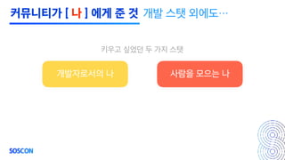 키우고 싶었던 두 가지 스탯
개발자로서의 나 사람을 모으는 나
개발 스탯 외에도…커뮤니티가 [ 나 ] 에게 준 것
 