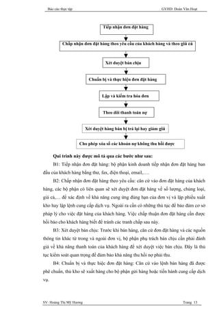 Báo cáo thực tập                                               GVHD: Đoàn Văn Hoạt



                                  Tiếp nhận đơn đặt hàng


           Chấp nhận đơn đặt hàng theo yêu cầu của khách hàng và theo giá cả



                                   Xét duyệt bán chịu


                          Chuẩn bị và thực hiện đơn đặt hàng


                                 Lập và kiểm tra hóa đơn


                                  Theo dõi thanh toán nợ


                         Xét duyệt hàng bán bị trả lại hay giảm giá


                     Cho phép xóa sổ các khoản nợ không thu hồi được

      Qui trình này được mô tả qua các bước như sau:
      B1: Tiếp nhận đơn đặt hàng: bộ phận kinh doanh tiếp nhận đơn đặt hàng ban
đầu của khách hàng bằng thư, fax, điện thoại, email,….
      B2: Chấp nhận đơn đặt hàng theo yêu cầu: căn cứ vào đơn đặt hàng của khách
hàng, các bộ phận có liên quan sẽ xét duyệt đơn đặt hàng về số lượng, chủng loại,
giá cả,… để xác định về khả năng cung ứng đúng hạn của đơn vị và lập phiếu xuất
kho hay lập lệnh cung cấp dịch vụ. Ngoài ra cần có những thủ tục để bảo đảm cơ sở
pháp lý cho việc đặt hàng của khách hàng. Việc chấp thuận đơn đặt hàng cần được
hồi báo cho khách hàng biết để tránh các tranh chấp sau này.
      B3: Xét duyệt bán chịu: Trước khi bán hàng, căn cứ đơn đặt hàng và các nguồn
thông tin khác từ trong và ngoài đơn vị, bộ phận phụ trách bán chịu cần phải đánh
giá về khả năng thanh toán của khách hàng để xét duyệt việc bán chịu. Đây là thủ
tục kiểm soát quan trọng để đảm bảo khả năng thu hồi nợ phải thu.
      B4: Chuẩn bị và thực hiệc đơn đặt hàng: Căn cứ vào lệnh bán hàng đã được
phê chuẩn, thủ kho sẽ xuất hàng cho bộ phận gửi hàng hoặc tiến hành cung cấp dịch
vụ.



SV: Hoàng Thị Mỹ Hương                                                      Trang 13
 