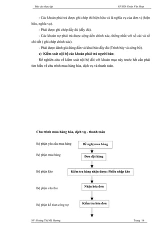 Báo cáo thực tập                                           GVHD: Đoàn Văn Hoạt



     - Các khoản phải trả được ghi chép thì hiện hữu và là nghĩa vụ của đơn vị (hiện
hữu, nghĩa vụ).
     - Phải được ghi chép đầy đủ (đầy đủ).
     - Các khoản nợ phải trả được cộng dồn chính xác, thống nhất với sổ cái và sổ
chi tiết ( ghi chép chính xác).
     - Phải được đánh giá đúng đắn và khai báo đầy đủ (Trình bày và công bố).
     c) Kiểm soát nội bộ các khoản phải trả người bán:
     Để nghiên cứu về kiểm soát nội bộ đối với khoản mục này trước hết cần phải
tìm hiểu về chu trình mua hàng hóa, dịch vụ và thanh toán.




   Chu trình mua hàng hóa, dịch vụ - thanh toán


   Bộ phận yêu cầu mua hàng         Đề nghị mua hàng


   Bộ phận mua hàng
                                     Đơn đặt hàng



   Bộ phận kho               Kiểm tra hàng nhận được: Phiếu nhập kho



                                     Nhận hóa đơn
   Bộ phận văn thư




   Bộ phận kế tóan công nợ          Kiểm tra hóa đơn




SV: Hoàng Thị Mỹ Hương                                                  Trang 16
 