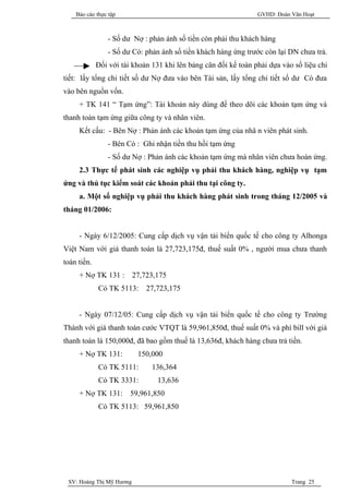 Báo cáo thực tập                                             GVHD: Đoàn Văn Hoạt



                - Số dư Nợ : phản ánh số tiền còn phải thu khách hàng
                - Số dư Có: phản ánh số tiền khách hàng ứng trước còn lại DN chưa trả.
             Đối với tài khoản 131 khi lên bảng cân đối kế toán phải dựa vào số liệu chi
tiết: lấy tổng chi tiết số dư Nợ đưa vào bên Tài sản, lấy tổng chi tiết số dư Có đưa
vào bên nguồn vốn.
     + TK 141 “ Tạm ứng”: Tài khoản này dùng để theo dõi các khoản tạm ứng và
thanh toán tạm ứng giữa công ty và nhân viên.
     Kết cấu: - Bên Nợ : Phản ánh các khoản tạm ứng của nhâ n viên phát sinh.
                - Bên Có : Ghi nhận tiền thu hồi tạm ứng
                - Số dư Nợ : Phản ánh các khoản tạm ứng mà nhân viên chưa hoàn ứng.
     2.3 Thực tế phát sinh các nghiệp vụ phải thu khách hàng, nghiệp vụ tạm
ứng và thủ tục kiểm soát các khoản phải thu tại công ty.
     a. Một số nghiệp vụ phải thu khách hàng phát sinh trong tháng 12/2005 và
tháng 01/2006:


     - Ngày 6/12/2005: Cung cấp dịch vụ vận tải biển quốc tế cho công ty Alhonga
Việt Nam với giá thanh toán là 27,723,175đ, thuế suất 0% , người mua chưa thanh
toán tiền.
     + Nợ TK 131 :        27,723,175
             Có TK 5113:      27,723,175


     - Ngày 07/12/05: Cung cấp dịch vụ vận tải biển quốc tế cho công ty Trường
Thành với giá thanh toán cước VTQT là 59,961,850đ, thuế suất 0% và phí bill với giá
thanh toán là 150,000đ, đã bao gồm thuế là 13,636đ, khách hàng chưa trả tiền.
     + Nợ TK 131:          150,000
             Có TK 5111:       136,364
             Có TK 3331:         13,636
     + Nợ TK 131:       59,961,850
             Có TK 5113: 59,961,850




 SV: Hoàng Thị Mỹ Hương                                                     Trang 25
 