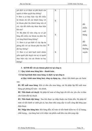 Báo cáo thực tập                                      GVHD: Đoàn Văn Hoạt



giá dịch vụ có được sự phê duyệt của          X
người có thẩm quyền hay không?
9. Đơn vị có thực hiện việc đối chiếu
tài khoản chi tiết các khách hàng với
                                              X
tài khoản phải thu khách hàng trên sổ
                                                                               đối
cái, việc đối chiếu này được thực hiện
                                                                               chiếu
khi nào?
                                                                               cuối
10. Bộ phận kế toán công nợ có gửi
                                              X                                tháng
bảng đối chiếu các khoản nợ phải thu
với từng khách hàng không?
11. Đơn vị có qui định về việc lập dự                                          đối
phòng đối với các khoản phải thu khó X                                         chiếu
đòi hay không?                                                                 thường
12. Đơn vị có tách bạch trách nhiệm           X                                xuyên
giữa người phê duyệt xóa nợ và người
thực hiện việc xóa các khoản nợ hay
không?


        3. KSNB đối với các khoản phải trả tại công ty
 3.1 Quy trình mua hàng hóa – thanh toán .
  Có hai loại hình thức mua hàng và dịch vụ tại công ty
        a) Quy trình mua hàng hoá, công cụ dụng cụ,.. :được tiến hành qua các bước
sau:
 B1. Đề xuất mua hàng: Khi có nhu cầu mua hàng, các bộ phận lập Đề xuất mua
 hàng gởi phòng kế toán – tài chính,
 B2. Tiến hành xét duyệt: bộ phận kế toán sẽ tổng hợp chi tiết các yêu cầu và đưa
 cho Giám đốc ký duyệt.
 B3. Tiến hành đặt hàng: Sau khi được sự chấp thuận của Giám đốc, bộ phận kế
 toán sẽ tiến hành so sánh giá cả, lựa chọn nhà cung cấp và cuối cùng đặt hàng qua
 điện thoại.
 B4. Nhập kho hàng hóa: Khi hàng đến, kế toán sẽ tiến hành kiểm tra về số lượng,
 chất lượng,.. của hàng hoá và kí nhận vào phiếu xuất kho của nhà cung cấp.




 SV: Hoàng Thị Mỹ Hương                                                 Trang 30
 