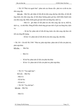 Báo cáo thực tập                                             GVHD: Đoàn Văn Hoạt



       + TK 331”Phải trả người bán”: phản ánh các khoản tiền phải trả và đã trả cho
nhà cung cấp.
       Kết cấu: - Bên Nợ: ghi nhận số tiền đã trả nhà cung cấp hay nhà thầu, số tiền đã
ứng trước cho nhà cung cấp, số tiền được hưởng giảm giá hay chiết khấu thanh toán
của nhà cung cấp. Điều chỉnh giảm giá tạm tính của hàng hóa, dịch vụ.
                  - Bên Có: ghi nhận số tiền phải trả cho nhà cung cấp vật tư, thiết bị,
dịch vụ,.. và nhà thầu. Dùng để điều chỉnh tăng giá tạm tính về giá của hàng hóa, dịch
vụ.
                   - Số dư Nợ: phản ánh số tiền đã ứng trước cho nhà cung cấp theo chi
tiết của từng đối tượng.
                  - Số dư Có: phản ánh số tiền đã trả cho nhà cung cấp, nhà thầu.


+ TK 338 – Chi tiết TK 3388 “ Phải trả, phải nộp khác: phản ánh số tiền còn phải trả,
phải nộp khác.
Kết cấu: -        Bên Nợ:


             -    Bên Có:


             -    Số dư Nợ: phản ánh số tiền còn phải thu khác
             -    Số dư Có: phản ánh số tiền còn phải trả, phải nộp khác.




       + TK 311 “Vay ngắn hạn”:
       Kết cấu: - Bên Nợ:
       - Bên Có:
       - Số dư Nợ:
       - Số dư Có:
       + TK 341 “Vay dài hạn”:
 Kết cấu: - Bên Nợ:


       - Bên Có:




 SV: Hoàng Thị Mỹ Hương                                                       Trang 32
 