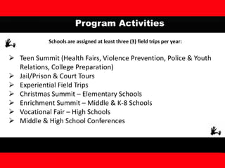 Program Activities
Schools are assigned at least three (3) field trips per year:
 Teen Summit (Health Fairs, Violence Prevention, Police & Youth
Relations, College Preparation)
 Jail/Prison & Court Tours
 Experiential Field Trips
 Christmas Summit – Elementary Schools
 Enrichment Summit – Middle & K-8 Schools
 Vocational Fair – High Schools
 Middle & High School Conferences
 