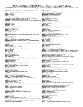 5000 Collegiate Words with Brief Definitions – Amass an Ivy League Vocabulary!
EASY 7-CD Edition: All you have to do is listen 15 minutes a day for 4 weeks to absorb 5000 words. + FREE Memory Course. FreeVocabulary.com

kimono n. A loose robe, fastening with a sash, the principal outer garment in Japan.          levity n. Frivolity.
kind-hearted adj. Having a kind and sympathetic nature.                                       levy v. To impose and collect by force or threat of force.
kingling n. A petty king.                                                                     lewd adj. Characterized by lust or lasciviousness.
kingship n. Royal state.                                                                      lexicographer n. One who makes dictionaries.
kinsfolk n. pl. Relatives.                                                                    lexicography n. The making of dictionaries.
knavery n. Deceitfulness in dealing.                                                          lexicon n. A dictionary.
knead v. To mix and work into a homogeneous mass, especially with the hands.                  liable adj. Justly or legally responsible.
knickknack n. A small article, more for ornament that use.                                    libel n. Defamation.
knight errant n. One of the wandering knights who in the middle ages went forth in search     liberalism n. Opposition to conservatism.
of adventure.                                                                                 liberate v. To set free or release from bondage.
knighthood n. Chivalry.                                                                       licentious adj. Wanton.
laborious adj. Toilsome.                                                                      licit adj. Lawful.
labyrinth n. A maze.                                                                          liege adj. Sovereign.
lacerate v. To tear rudely or raggedly.                                                       lien n. A legal claim or hold on property, as security for a debt or charge.
lackadaisical adj. Listless.                                                                  lieu n. Stead.
lactation n. The secretion of milk.                                                           lifelike adj. Realistic.
lacteal adj. Milky.                                                                           lifelong adj. Lasting or continuous through life.
lactic adj. Pertaining to milk.                                                               lifetime n. The time that life continues.
laddie n. A lad.                                                                              ligament n. That which binds objects together.
ladle n. A cup-shaped vessel with a long handle, intended for dipping up and pouring          ligature n. Anything that constricts, or serves for binding or tying.
liquids.                                                                                      light-hearted adj. Free from care.
laggard adj. Falling behind.                                                                  ligneous adj. Having the texture of appearance of wood.
landholder n. Landowner.                                                                      likelihood n. A probability.
landlord n. A man who owns and lets a tenement or tenements.                                  likely adj. Plausible.
landmark n. A familiar object in the landscape serving as a guide to an area otherwise        liking n. Fondness.
easily lost track of.                                                                         limitation n. A restriction.
landscape n. A rural view, especially one of picturesque effect, as seen from a distance or   linear adj. Of the nature of a line.
an elevation.                                                                                 liner n. A vessel belonging to a steamship-line.
languid adj. Relaxed.                                                                         lingo n. Language.
languor n. Lassitude of body or depression.                                                   lingua n. The tongue.
lapse n. A slight deviation from what is right, proper, or just.                              lingual adj. Pertaining to the use of the tongue in utterance.
lascivious adj. Lustful.                                                                      linguist n. One who is acquainted with several languages.
lassie n. A little lass.                                                                      linguistics n. The science of languages, or of the origin, history, and significance of words.
latent adj. Dormant.                                                                          liniment n. A liquid preparation for rubbing on the skin in cases of bruises, inflammation,
latency n. The state of being dormant.                                                        etc.
later adv. At a subsequent time.                                                              liquefacient adj. Possessing a liquefying nature or power.
lateral adj. Directed toward the side.                                                        liquefy v. To convert into a liquid or into liquid form.
latish adj. Rather late.                                                                      liqueur n. An alcoholic cordial sweetened and flavored with aromatic substances.
lattice n. Openwork of metal or wood, formed by crossing or interlacing strips or bars.       liquidate v. To deliver the amount or value of.
laud v. To praise in words or song.                                                           liquor n. Any alcoholic or intoxicating liquid.
laudable adj. Praiseworthy.                                                                   listless adj. Inattentive.
laudation n. High praise.                                                                     literacy n. The state or condition of knowing how to read and write.
laudatory adj. Pertaining to, expressing, or containing praise.                               literal adj. Following the exact words.
laundress n. Washerwoman.                                                                     literature n. The written or printed productions of the human mind collectively.
laureate adj. Crowned with laurel, as a mark of distinction.                                  lithe adj. Supple.
lave v. To wash or bathe.                                                                     lithesome adj. Nimble.
lawgiver n. A legislator.                                                                     lithograph n. A print made by printing from stone.
lawmaker n. A legislator.                                                                     lithotype n. In engraving, an etched stone surface for printing.
lax adj. Not stringent or energetic.                                                          litigant n. A party to a lawsuit.
laxative adj. Having power to open or loosen the bowels.                                      litigate v. To cause to become the subject-matter of a suit at law.
lea n. A field.                                                                               litigious adj. Quarrelsome.
leaflet n. A little leaf or a booklet.                                                        littoral adj. Of, pertaining to, or living on a shore.
leaven v. To make light by fermentation, as dough.                                            liturgy n. A ritual.
leeward n. That side or direction toward which the wind blows.                                livelihood n. Means of subsistence.
left-handed adj. Using the left hand or arm more dexterously than the right.                  livid adj. Black-and-blue, as contused flesh.
legacy n. A bequest.                                                                          loam n. A non-coherent mixture of sand and clay.
legalize v. To give the authority of law to.                                                  loath adj. Averse.
legging n. A covering for the leg.                                                            loathe v. To abominate.
legible adj. That may be read with ease.                                                      locative adj. Indicating place, or the place where or wherein an action occurs.
legionary n. A member of an ancient Roman legion or of the modern French Legion of            loch n. A lake.
Honor.                                                                                        locomotion n. The act or power of moving from one place to another.
legislate v. To make or enact a law or laws.                                                  lode n. A somewhat continuous unstratified metal- bearing vein.
legislative adj. That makes or enacts laws.                                                   lodgment n. The act of furnishing with temporary quarters.
legislator n. A lawgiver.                                                                     logic n. The science of correct thinking.
legitimacy n. Accordance with law.                                                            logical adj. Capable of or characterized by clear reasoning.
legitimate adj. Having the sanction of law or established custom.                             logician n. An expert reasoner.
leisure n. Spare time.                                                                        loiterer n. One who consumes time idly.
leniency n. Forbearance.                                                                      loneliness n. Solitude.
lenient adj. Not harsh.                                                                       longevity n. Unusually prolonged life.
leonine adj. Like a lion.                                                                     loot v. To plunder.
lethargy n. Prolonged sluggishness of body or mind.                                           loquacious adj. Talkative.
levee n. An embankment beside a river or stream or an arm of the sea, to prevent overflow.    lordling n. A little lord.
lever n. That which exerts, or through which one may exert great power.                       lough n. A lake or loch.
leviathan n. Any large animal, as a whale.                                                    louse n. A small insect parasitic on and sucking the blood of mammals.
 