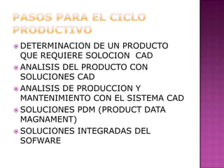 Pasos para el ciclo productivoDETERMINACION DE UN PRODUCTO QUE REQUIERE SOLOCION  CADANALISIS DEL PRODUCTO CON SOLUCIONES CADANALISIS DE PRODUCCION Y MANTENIMIENTO CON EL SISTEMA CADSOLUCIONES PDM (PRODUCT DATA MAGNAMENT)SOLUCIONES INTEGRADAS DEL SOFWARE 