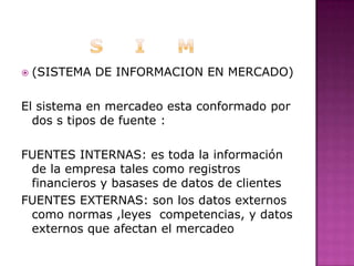            S     I     M(SISTEMA DE INFORMACION EN MERCADO)El sistema en mercadeo esta conformado por dos s tipos de fuente :FUENTES INTERNAS: es toda la información de la empresa tales como registros  financieros y basases de datos de clientes FUENTES EXTERNAS: son los datos externos  como normas ,leyes  competencias, y datos externos que afectan el mercadeo
