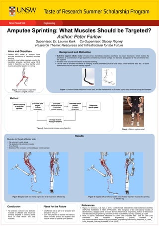 Amputee Sprinting: What Muscles Should be Targeted?
Author: Peter Farlow
Supervisor: Dr. Lauren Kark Co-Supervisor: Stacey Rigney
Research Theme: Resources and Infrastructure for the Future
Background and MotivationAims and Objectives
Results
• Multi-link segment (MLS) model of below-knee (transtibial) amputee prosthesis has been developed, which models the
prosthesis as a combination of rigid segments connected by torsional springs and dampers, as opposed to the conventional two-
link segment.
• Provides more accurate simulations of amputee sprinting
• Can be used to simulate the effects of changing muscle parameters (muscle force output, cross-sectional area, etc.) on sprint
performance and thus improve training regimes
• Develop MLS model to produce more
accurate simulations of transtibial amputee
sprinting
• Identify the most vitally important muscles for
transtibial amputee sprinters using MLS
model in OpenSim, and thus identify which
muscles should be targeted in training
Muscles to Target (affected side)
• Hip extensor muscle group
• Hip abductor and adductor muscles
• Knee flexors
• Muscles of the core as a whole (obliques, erector spinae)
• Hip extensor, adductor and abductor
muscles on affected side should be
primarily targeted in training (some
focus on knee flexors and core
muscles)
Method
References
Figure 1: Simulation in OpenSim
software using MLS model
Figure 2: Ottobock blade mechanical model (left), and the mathematical MLS model1 (right) using torsional springs and dampers
Figure 3: Experimental process using OpenSim
Figure 5:Sagittal (left) and frontal (right) view of all muscles in affected leg Figure 6: Sagittal (left) and frontal (right) view of vitally important muscles for sprinting
in affected leg
Figure 4: Motion capture setup2
Motion capture
of amputee
sprinter
Calculate joint
angles
(Inverse
kinematics)
Calculate
muscle forces
(Computed
muscle control)
Simulate sprint
motion
(Forward
dynamics)
Determine
sprint speed
Change muscle
force parameters
1. Rigney, S, Simmons, A & Kark, L 2015, ‘LOWER-LIMB KINEMATICS AND KINETICS DURING
AMPUTEE RUNNING: A NEW APPROACH’’, XXV Congress of the International Society of
Biomechanics, Glasgow 2015, Graduate School of Biomedical Engineering, School of Mechanical
and Manufacturing Engineering, University of New South Wales, Sydney, Australia, pp. 1259
2. Klute, G (2016). Disturbance Response in Lower Limb Amputee Gait - CoE for Limb Loss
Prevention and Prosthetic Engineering. [online] Available at:
http://www.amputation.research.va.gov/prosthetic_engineering/Disturbance_Response_in_Lower_
Limb_Amputee_Gait.asp [Accessed 10 Feb. 2016].
Conclusion
• Unaffected side is yet to be analysed and
should be in future
• Can then proceed to analyse the extent to
which muscles should be targeted (find
muscle forces for optimal sprint speeds)
Plans for the Future
 