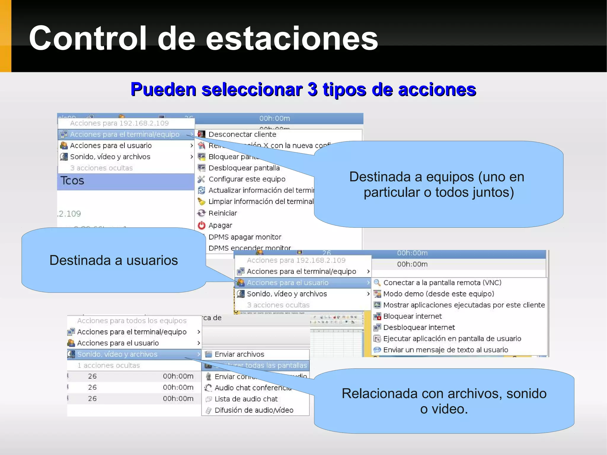 Control de estaciones
             Pueden seleccionar 3 tipos de acciones



                                     Destinada a equipos (uno en
                                       particular o todos juntos)



 Destinada a usuarios




                                    Relacionada con archivos, sonido
                                                o video.
 
