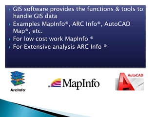  GIS software provides the functions & tools to
handle GIS data
 Examples MapInfo®, ARC Info®, AutoCAD
Map®, etc.
 For low cost work MapInfo ®
 For Extensive analysis ARC Info ®
 
