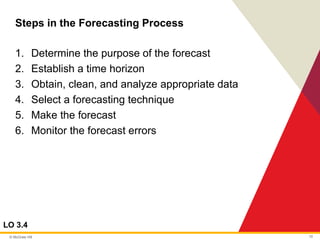 © McGraw Hill 10
Steps in the Forecasting Process
LO 3.4
1. Determine the purpose of the forecast
2. Establish a time horizon
3. Obtain, clean, and analyze appropriate data
4. Select a forecasting technique
5. Make the forecast
6. Monitor the forecast errors
 