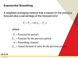 © McGraw Hill 22
Exponential Smoothing
LO 3.10
A weighted averaging method that is based on the previous
forecast plus a percentage of the forecast error
where
1 1 1
( )
t t t t
F F A F

− − −
= + −
1
1
Forecast for period
Forecast for the previous period
Smoothing constant
Actual demand or sales for the previous period
t
t
t
F t
F
A

−
−
=
=
=
=
 