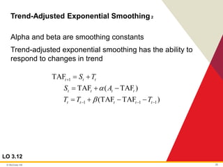 © McGraw Hill 26
Trend-Adjusted Exponential Smoothing2
LO 3.12
Alpha and beta are smoothing constants
Trend-adjusted exponential smoothing has the ability to
respond to changes in trend
1
1 1 1
TAF
TAF ( TAF )
(TAF TAF )
t t t
t t t t
t t t t t
S T
S A
T T T


+
− − −
= +
= + −
= + − −
 