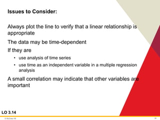 © McGraw Hill 34
Issues to Consider:
LO 3.14
Always plot the line to verify that a linear relationship is
appropriate
The data may be time-dependent
If they are
• use analysis of time series
• use time as an independent variable in a multiple regression
analysis
A small correlation may indicate that other variables are
important
 