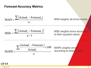 © McGraw Hill 36
Forecast Accuracy Metrics
LO 3.5
MAD weights all errors evenly
MSE weights errors according
to their squared values
MAPE weights errors
according to relative error
t t
Actual Forecast
MAD
n
−
=

( )
2
t t
Actual Forecast
MSE
1
n
−
=
−

t t
t
Actual Forecast
100
Actual
MAPE
n
−

=

 