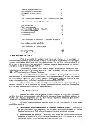18
. Antenas coletivas de TV e FM IA
. Circuito fechado de televisão IC
. Sinalização de enfermagem IS
. Lógica IL
1.5.6. - Instalações de Proteção Contra Descargas Elétricas(P)
1.5.7 - Instalações Fluído - Mecânicas(F)
. Gás combustível FG
. Vapor e condensado FV
. Ar Comprimido: medicinal e industrial FA
. Vácuo clínico e limpeza FV
. Oxigênio medicinal FO
. Óxido nitroso FN
1.5.8 - Instalações de Prevenção e Combate a Incêndio (C)
. Prevenção e combate a incêndio CI
1.5.9 - Instalações de Climatização(A)
. Ar Condicionado ACC
. Ventilação mecânica ACV
1.6. AVALIAÇÃO DE PROJETOS
Para a execução de qualquer obra nova, de reforma ou de ampliação de
estabelecimento assistencial de saúde-EAS é exigida a avaliação do projeto físico em questão pela
Vigilância Sanitária local (estadual ou municipal), que licenciará a sua execução, conforme o inciso II do
art. 10 e art. 14 da Lei 6437/77 que configura as infrações à legislação sanitária federal, Lei 8080/90 –
Lei Orgânica da Saúde e Constituição Federal.
A avaliação de projetos físicos de EAS exige a documentação denominada PBA –
Projeto Básico de Arquitetura (representação gráfica + relatório técnico), conforme descrito no item
1.2.2.1 e ART prevista no item 1.3 dessa Resolução.
Quando do término da execução da obra e solicitação de licença de funcionamento do
estabelecimento, as vigilâncias sanitárias estaduais ou municipais farão inspeção no local para verificar
a conformidade do construído com o projeto aprovado anteriormente. A equipe de inspeção deve
possuir necessariamente um profissional habilitado pelo sistema CREA/CONFEA.
O proprietário deve manter arquivado em conjunto com o projeto aprovado pela
vigilância sanitária, as ARTs referentes aos projetos complementares de estruturas e instalações,
quando couber, conforme previsto no item 1.3 dessa Resolução.
1.6.1 – Parecer Técnico
A avaliação do PBA pelas vigilâncias sanitárias estaduais ou municipais, compreende
a análise do projeto por uma equipe multiprofissional e elaboração de parecer técnico assinado no
mínimo por arquiteto, engenheiro civil, ou outro técnico legalmente habilitado pelo sistema
CREA/CONFEA, para as atividades em questão.
O parecer deverá descrever o objeto de análise e conter uma avaliação do projeto básico
arquitetônico quanto a:
• Adequação do projeto arquitetônico às atividades propostas pelo EAS - verificação da
pertinência do projeto físico apresentado com a proposta assistencial pretendida, por unidade
funcional e conjunto do EAS, objetivando o cumprimento da assistência proposta;
• Funcionalidade do edifício - verificação dos fluxos de trabalho/materiais/insumos
propostos no projeto físico, visando evitar problemas futuros de funcionamento e de controle
de infecção (se for o caso) na unidade e no EAS como um todo;
 