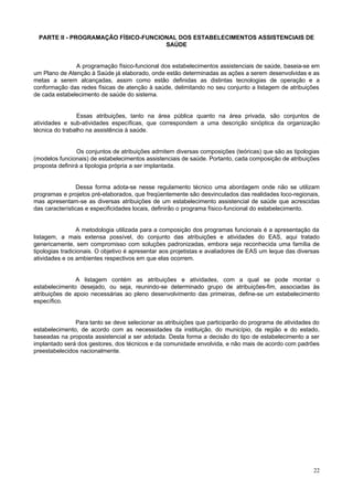 22
PARTE II - PROGRAMAÇÃO FÍSICO-FUNCIONAL DOS ESTABELECIMENTOS ASSISTENCIAIS DE
SAÚDE
A programação físico-funcional dos estabelecimentos assistenciais de saúde, baseia-se em
um Plano de Atenção à Saúde já elaborado, onde estão determinadas as ações a serem desenvolvidas e as
metas a serem alcançadas, assim como estão definidas as distintas tecnologias de operação e a
conformação das redes físicas de atenção à saúde, delimitando no seu conjunto a listagem de atribuições
de cada estabelecimento de saúde do sistema.
Essas atribuições, tanto na área pública quanto na área privada, são conjuntos de
atividades e sub-atividades específicas, que correspondem a uma descrição sinóptica da organização
técnica do trabalho na assistência à saúde.
Os conjuntos de atribuições admitem diversas composições (teóricas) que são as tipologias
(modelos funcionais) de estabelecimentos assistenciais de saúde. Portanto, cada composição de atribuições
proposta definirá a tipologia própria a ser implantada.
Dessa forma adota-se nesse regulamento técnico uma abordagem onde não se utilizam
programas e projetos pré-elaborados, que freqüentemente são desvinculados das realidades loco-regionais,
mas apresentam-se as diversas atribuições de um estabelecimento assistencial de saúde que acrescidas
das características e especificidades locais, definirão o programa físico-funcional do estabelecimento.
A metodologia utilizada para a composição dos programas funcionais é a apresentação da
listagem, a mais extensa possível, do conjunto das atribuições e atividades do EAS, aqui tratado
genericamente, sem compromisso com soluções padronizadas, embora seja reconhecida uma família de
tipologias tradicionais. O objetivo é apresentar aos projetistas e avaliadores de EAS um leque das diversas
atividades e os ambientes respectivos em que elas ocorrem.
A listagem contém as atribuições e atividades, com a qual se pode montar o
estabelecimento desejado, ou seja, reunindo-se determinado grupo de atribuições-fim, associadas às
atribuições de apoio necessárias ao pleno desenvolvimento das primeiras, define-se um estabelecimento
específico.
Para tanto se deve selecionar as atribuições que participarão do programa de atividades do
estabelecimento, de acordo com as necessidades da instituição, do município, da região e do estado,
baseadas na proposta assistencial a ser adotada. Desta forma a decisão do tipo de estabelecimento a ser
implantado será dos gestores, dos técnicos e da comunidade envolvida, e não mais de acordo com padrões
preestabelecidos nacionalmente.
 