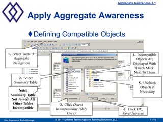 Aggregate Awareness 3.1



                        Apply Aggregate Awareness

                        Defining Compatible Objects

   1. Select Tools                                                                                   4. Incompatible
       Aggregate                                                                                        Objects Are
      Navigation                                                                                      Displayed With
                                                                                                        Check Mark
                                                                                                       Next To Them
            2. Select
          Summary Table                                                                                  5. Uncheck
                                                                                                          Objects if
           Note:                                                                                          Necessary
      Summary Table
      Not Joined, All
       Other Tables                   3. Click Detect
       Incompatible                Incompatibility (Only                                       6. Click OK,
                                          Once)                                                Save Universe
Real Experience. Real Advantage.   © 2011– Creative Technology and Training Solutions, LLC                      1 - 10
 
