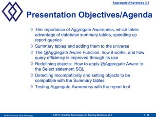 Aggregate Awareness 3.1



                        Presentation Objectives/Agenda
                             The importance of Aggregate Awareness, which takes
                              advantage of database summary tables, speeding up
                              report queries
                             Summary tables and adding them to the universe
                             The @Aggregate Aware Function, how it works, and how
                              query efficiency is improved through its use
                             Redefining objects: How to apply @Aggregate Aware to
                              the Select statement SQL
                             Detecting Incompatibility and setting objects to be
                              compatible with the Summary tables
                             Testing Aggregate Awareness with the report tool




Real Experience. Real Advantage.      © 2011– Creative Technology and Training Solutions, LLC                      1 - 19
 