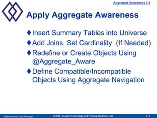 Aggregate Awareness 3.1



                        Apply Aggregate Awareness

                        Insert Summary Tables into Universe
                        Add Joins, Set Cardinality (If Needed)
                        Redefine or Create Objects Using
                         @Aggregate_Aware
                        Define Compatible/Incompatible
                         Objects Using Aggregate Navigation




Real Experience. Real Advantage.   © 2011– Creative Technology and Training Solutions, LLC                       1-7
 